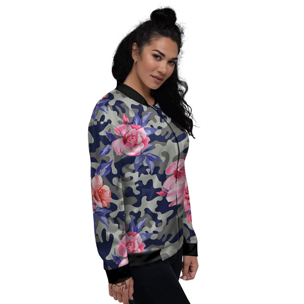 Camouflage Flower Pink Rose Print Women's Bomber Jacket-grizzshop