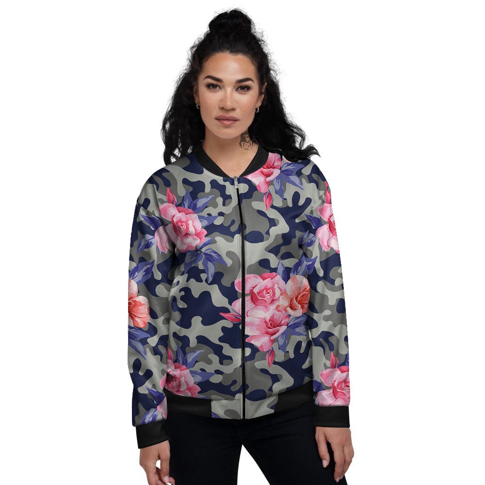 Camouflage Flower Pink Rose Print Women's Bomber Jacket-grizzshop
