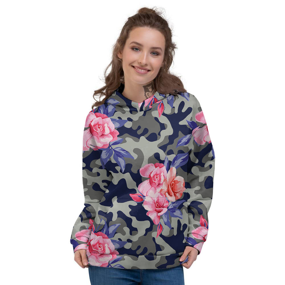 Camouflage Flower Pink Rose Print Women's Hoodie-grizzshop
