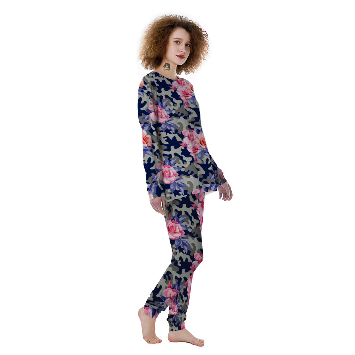 Camouflage Flower Pink Rose Print Women's Pajamas-grizzshop