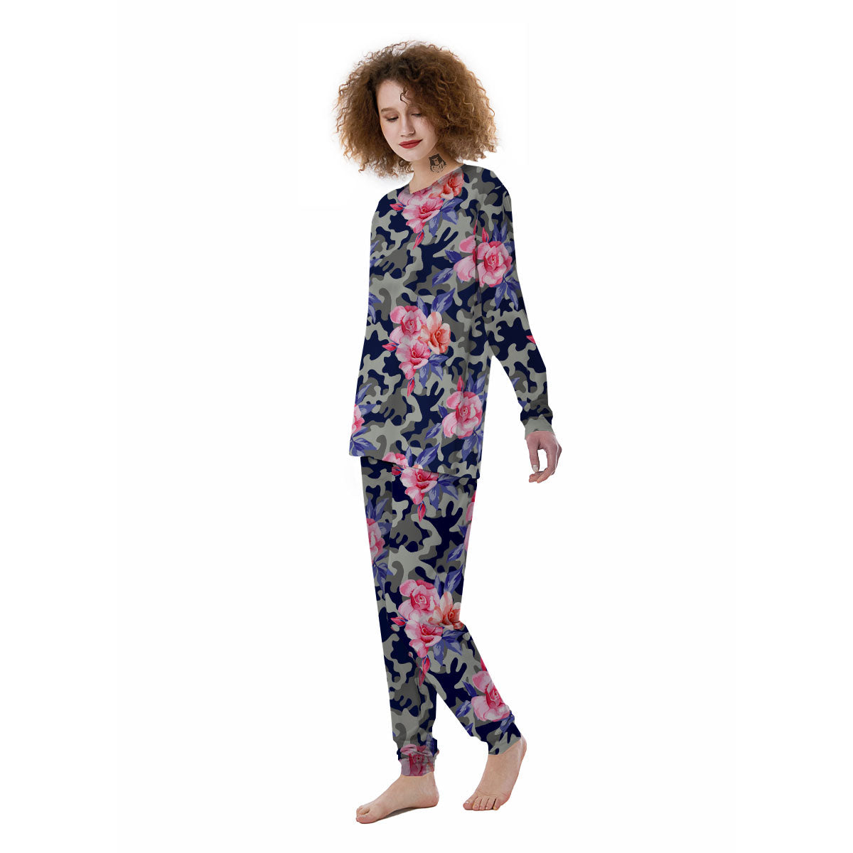 Camouflage Flower Pink Rose Print Women's Pajamas-grizzshop