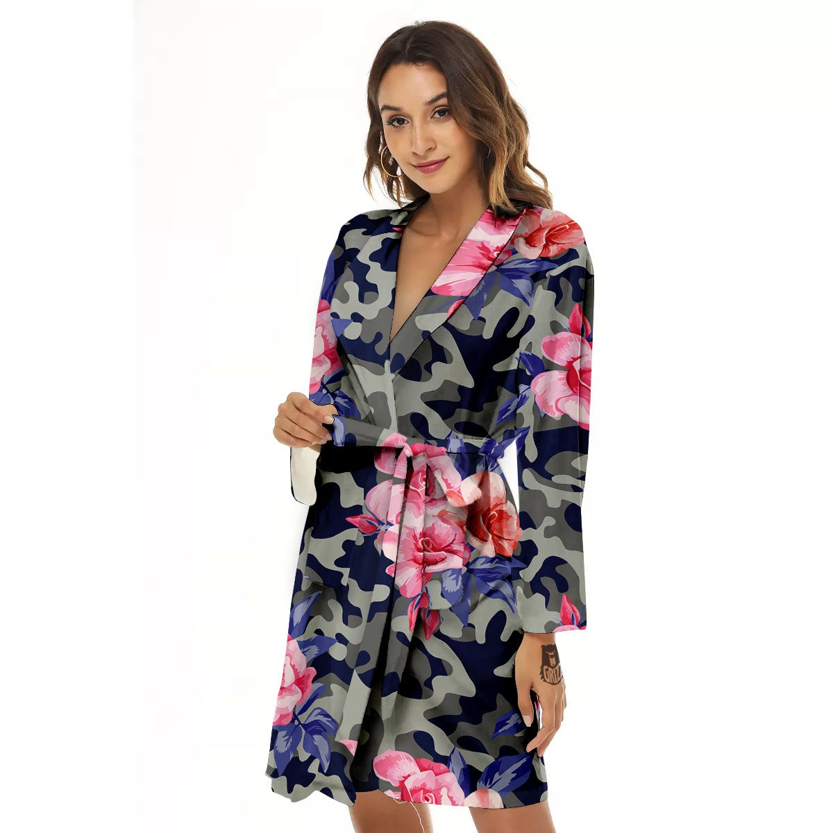 Camouflage Flower Pink Rose Print Women's Robe-grizzshop