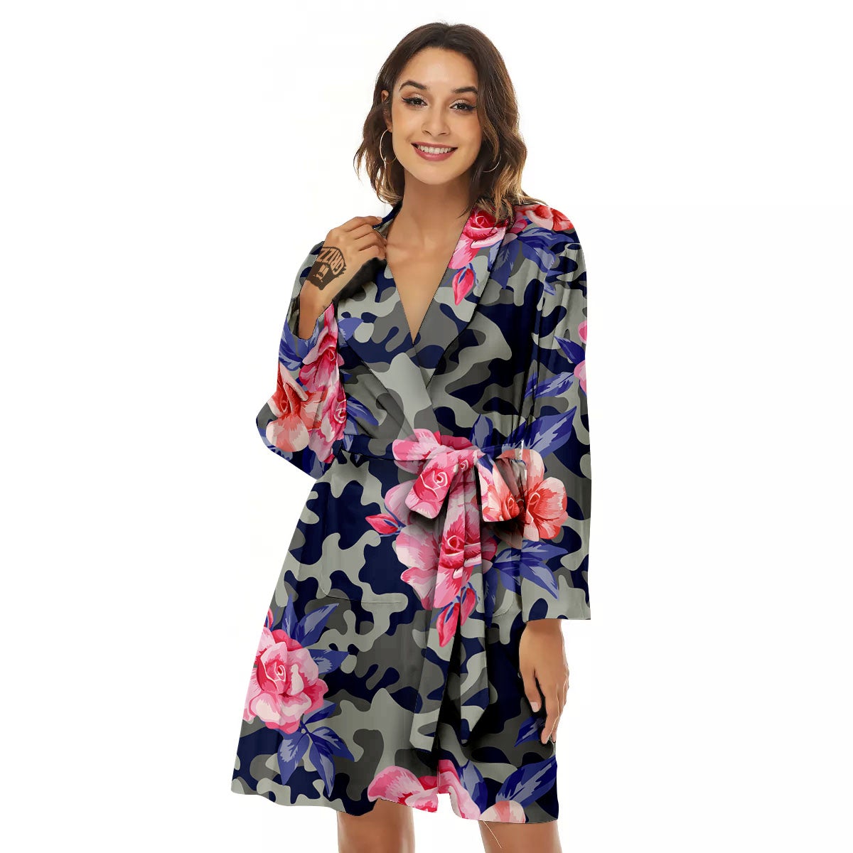 Camouflage Flower Pink Rose Print Women's Robe-grizzshop