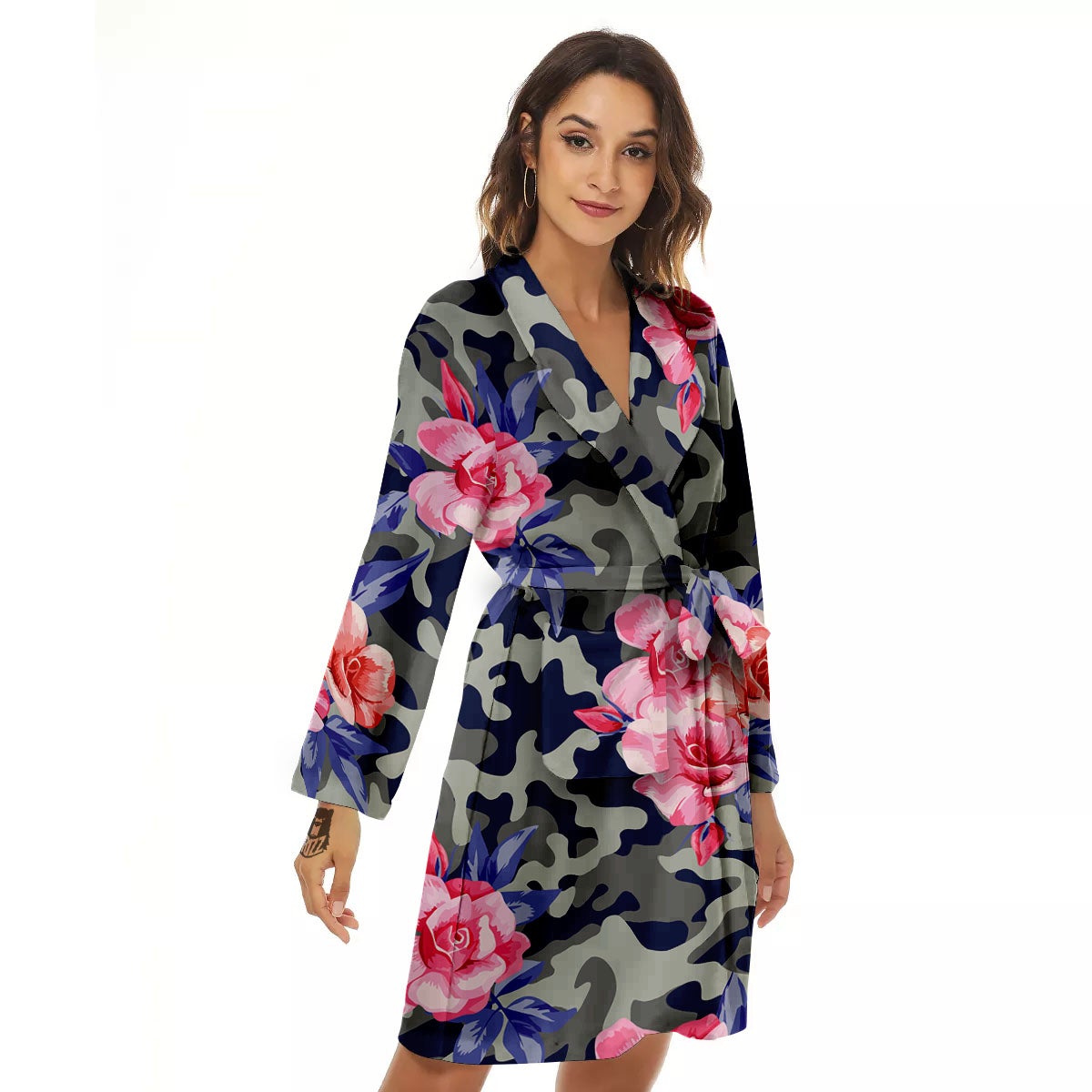 Camouflage Flower Pink Rose Print Women's Robe-grizzshop