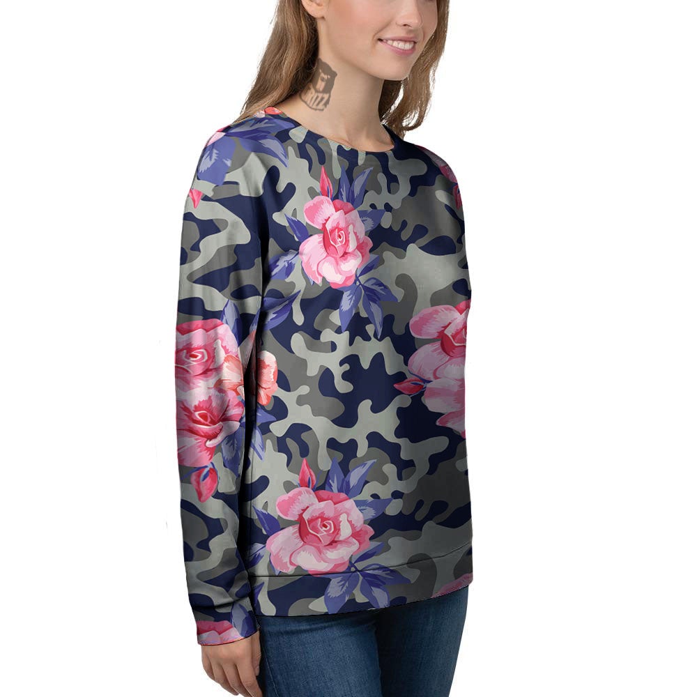 Camouflage Flower Pink Rose Print Women's Sweatshirt-grizzshop