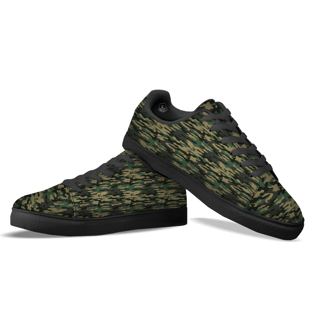 Camouflage Forest Green Print Black Low Top Sneakers-grizzshop