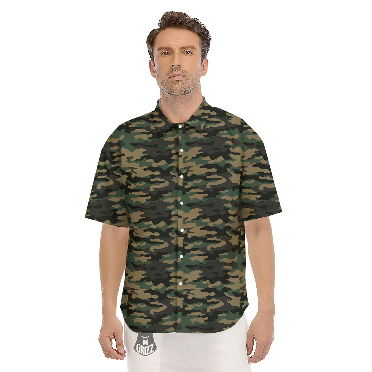 Camouflage Forest Green Print Men's Short Sleeve Shirts-grizzshop