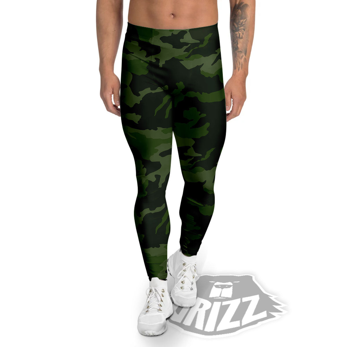 Camouflage Green And Black Print Men's Leggings-grizzshop