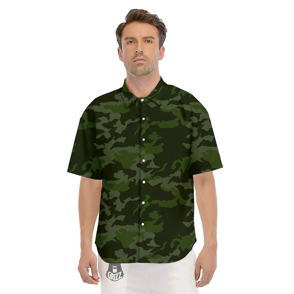 Camouflage Green And Black Print Men's Short Sleeve Shirts-grizzshop