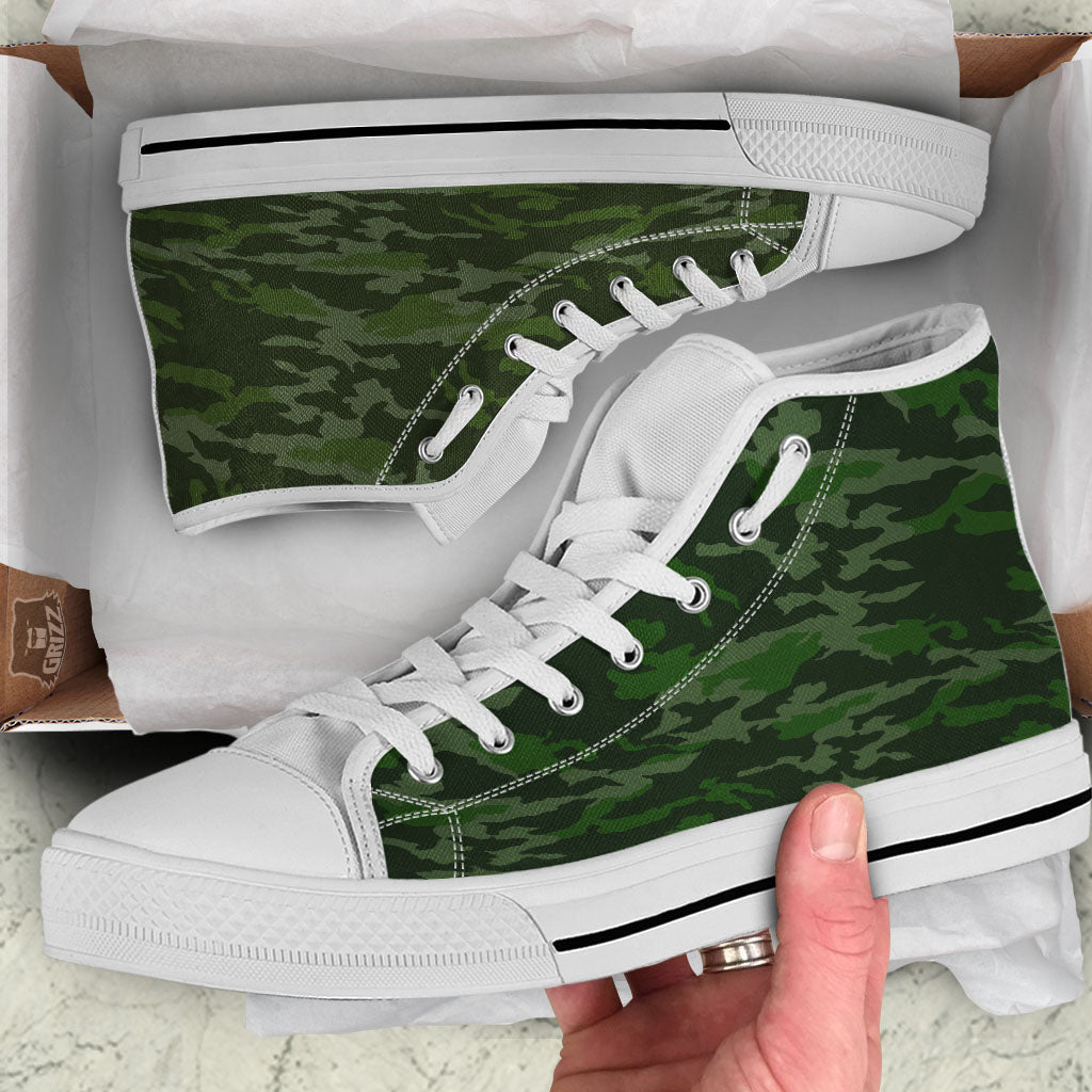 Camouflage Green And Black Print White High Top Shoes-grizzshop