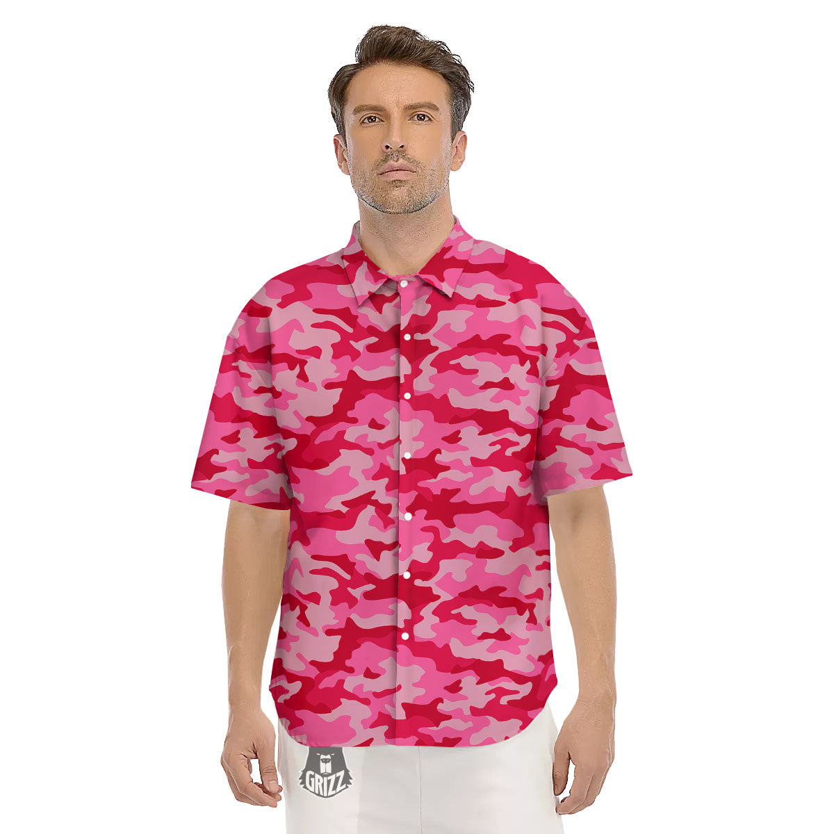 Camouflage Hot Pink Print Men's Short Sleeve Shirts-grizzshop