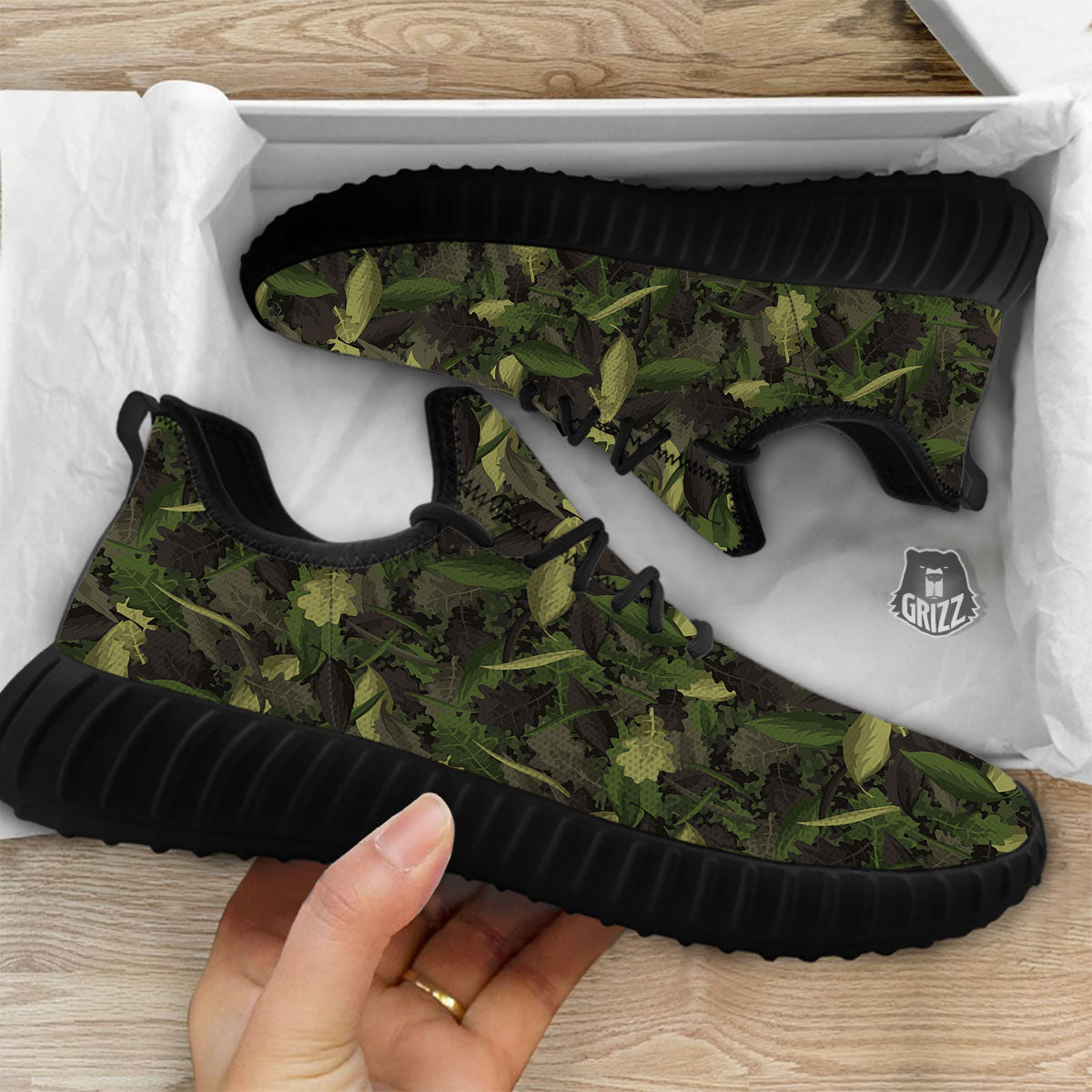 Camouflage Hunting Oak Tree Print Black Walking Shoes-grizzshop