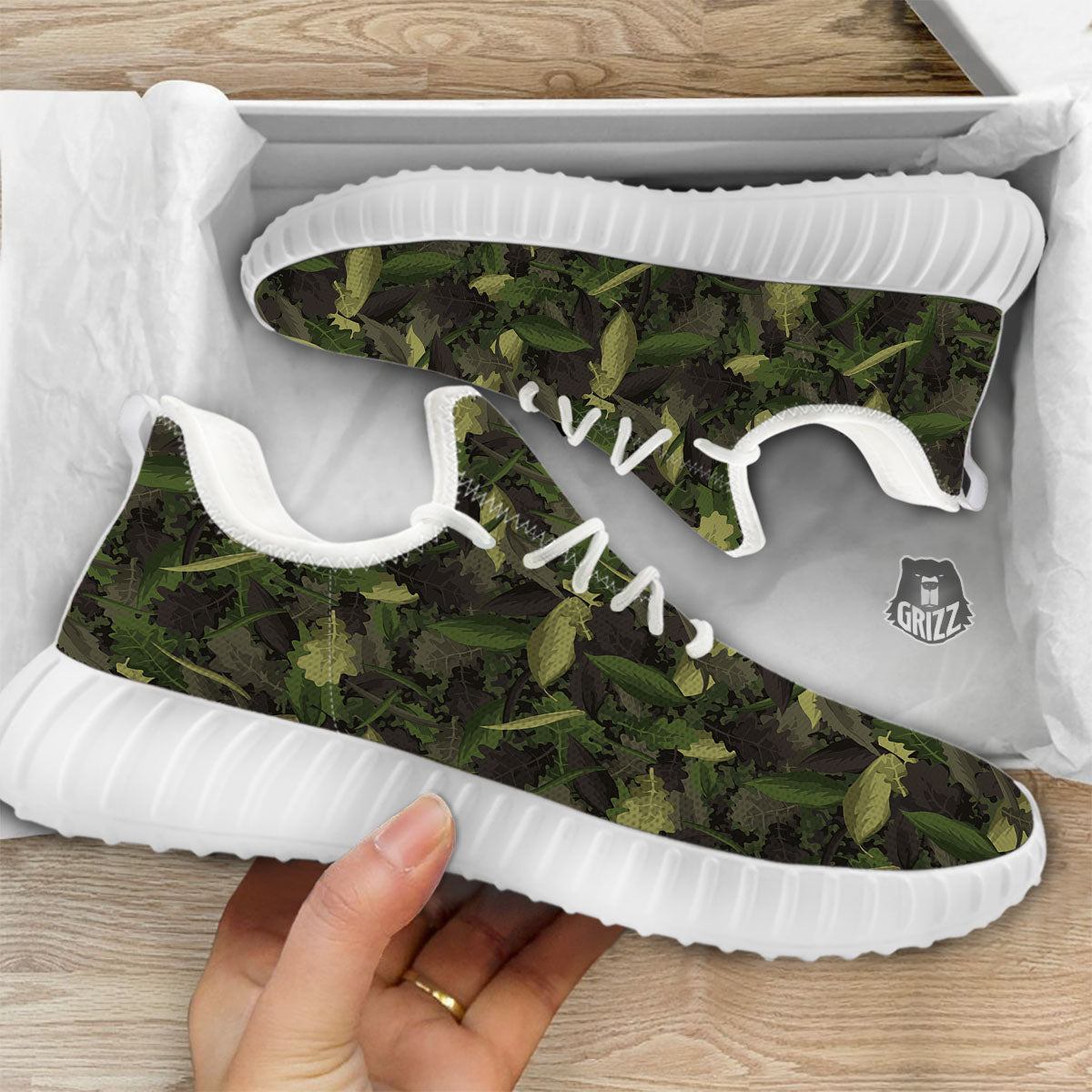 Camouflage Hunting Oak Tree Print White Walking Shoes-grizzshop