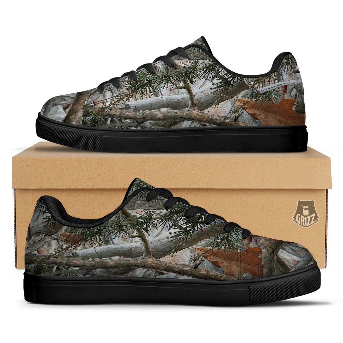 Camouflage Hunting Print Pattern Black Low Top Sneakers-grizzshop