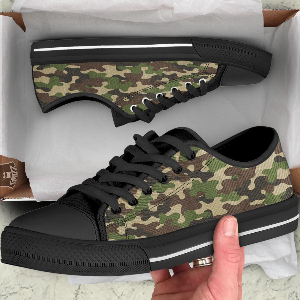 Camouflage Jungle Hunting Print Black Low Top Shoes-grizzshop