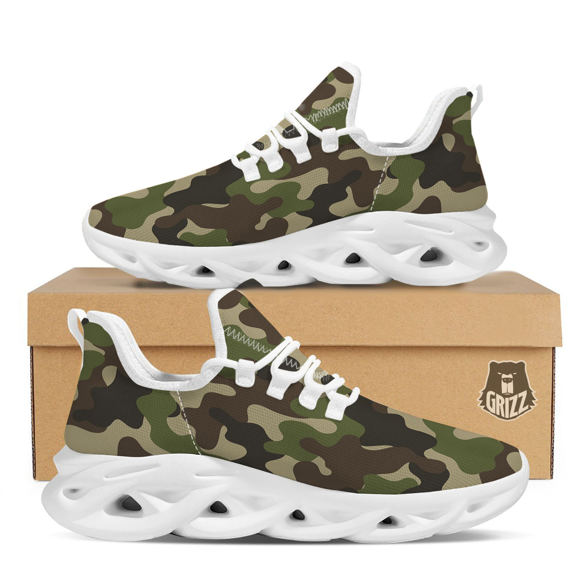 Camouflage Jungle Hunting Print White Running Shoes-grizzshop
