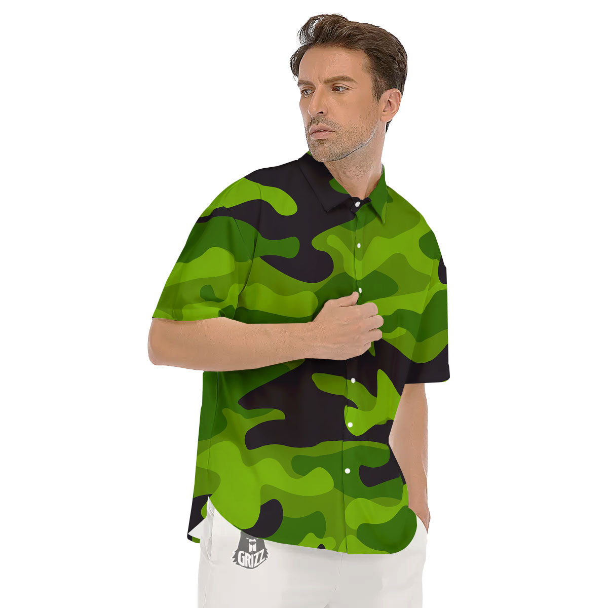 Camouflage Lime Green Print Men's Short Sleeve Shirts-grizzshop