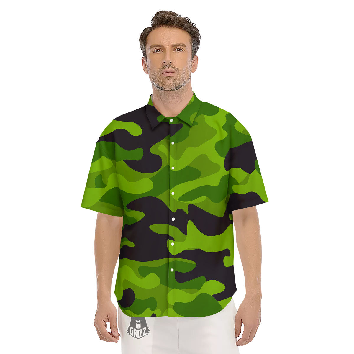 Camouflage Lime Green Print Men's Short Sleeve Shirts-grizzshop