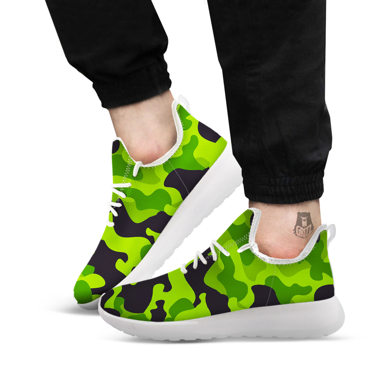 Camouflage Lime Green Print White Athletic Shoes-grizzshop