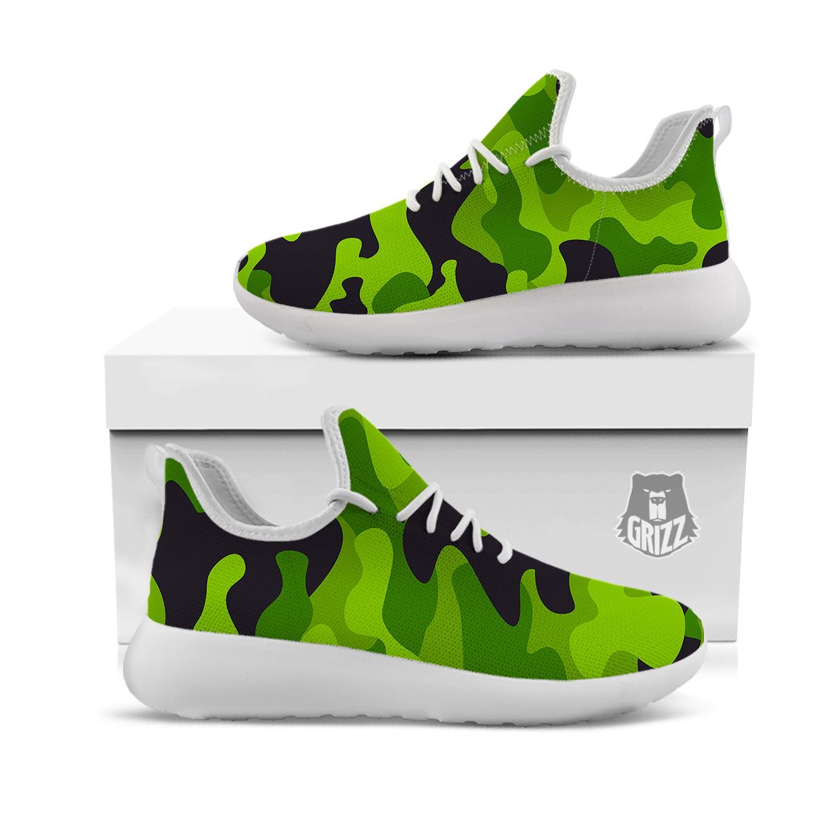 Camouflage Lime Green Print White Athletic Shoes-grizzshop