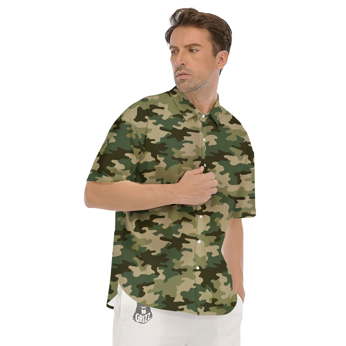 Camouflage Military Green Print Men's Short Sleeve Shirts-grizzshop