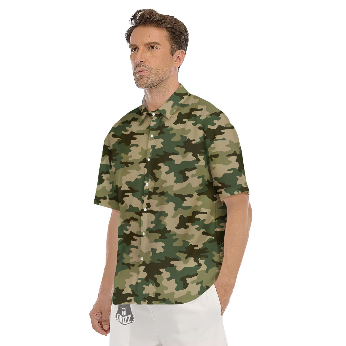 Camouflage Military Green Print Men's Short Sleeve Shirts-grizzshop