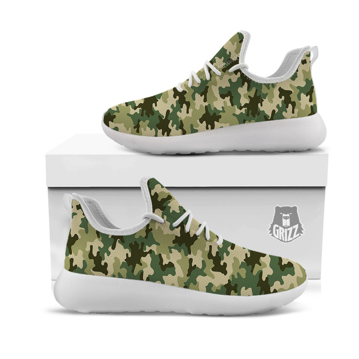 Camouflage Military Green Print White Athletic Shoes-grizzshop