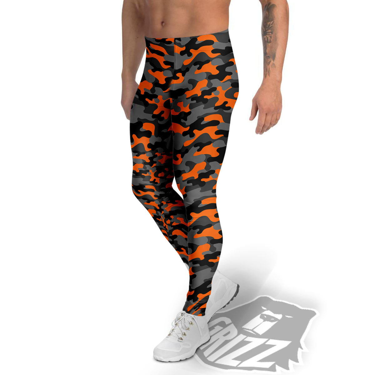 Camouflage Orange And Black Print Men's Leggings-grizzshop