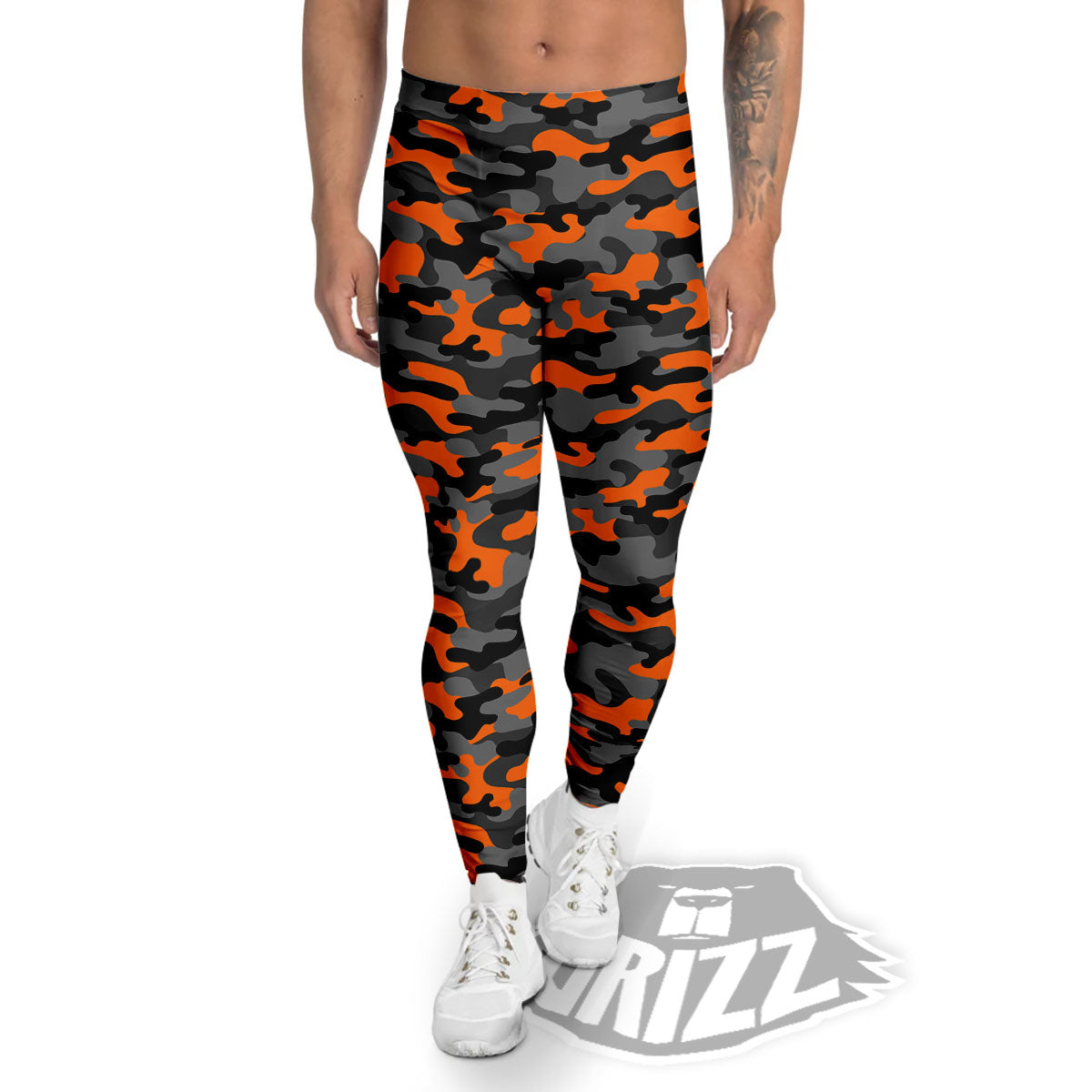 Camouflage Orange And Black Print Men's Leggings-grizzshop