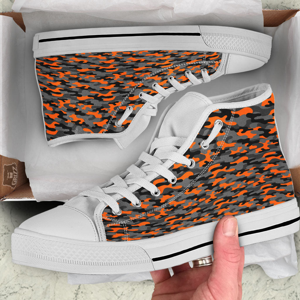 Camouflage Orange And Black Print White High Top Shoes-grizzshop