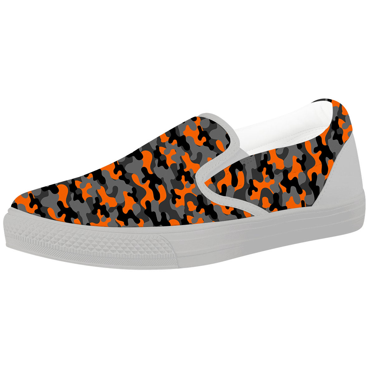 Camouflage Orange And Black Print White Slip On Shoes-grizzshop