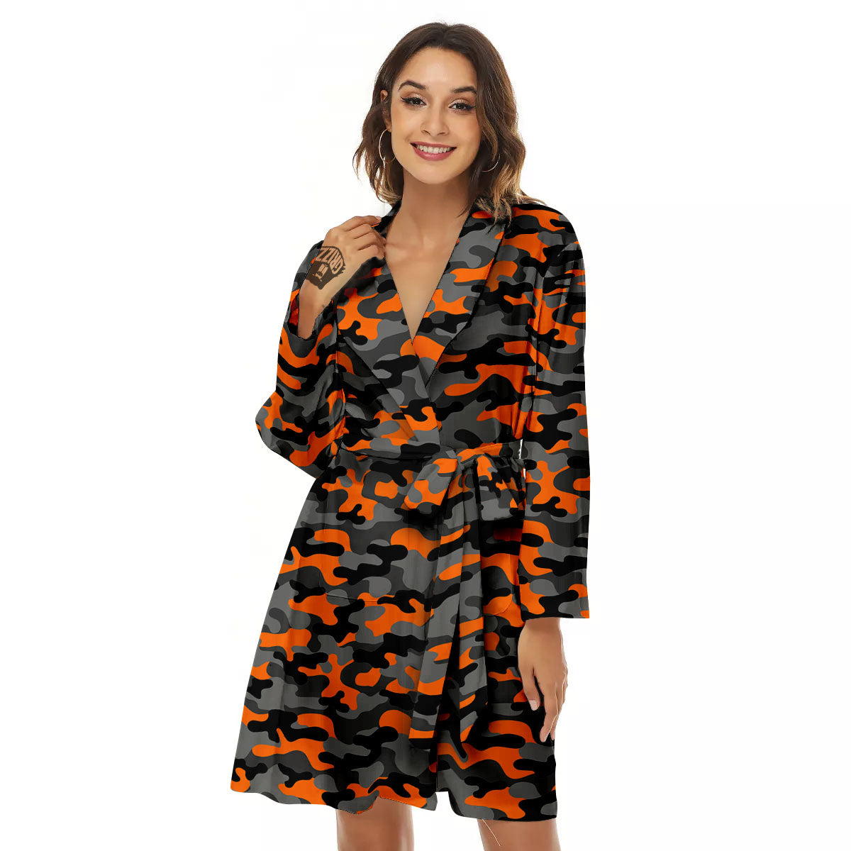 Camouflage Orange And Black Print Women's Robe-grizzshop