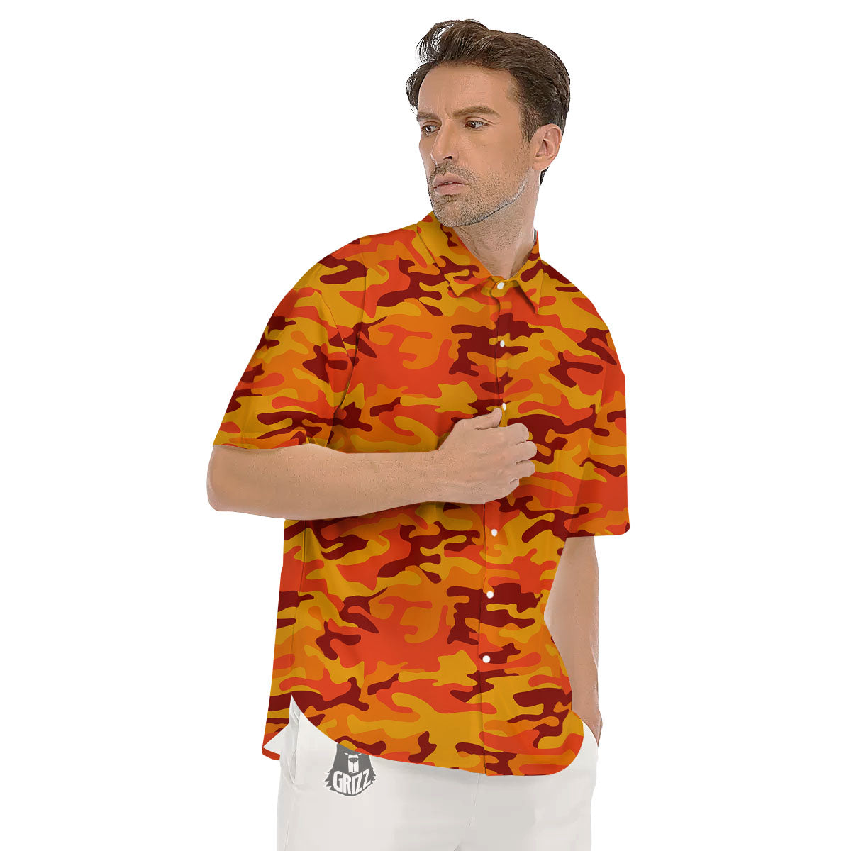 Camouflage Orange Print Men's Short Sleeve Shirts-grizzshop