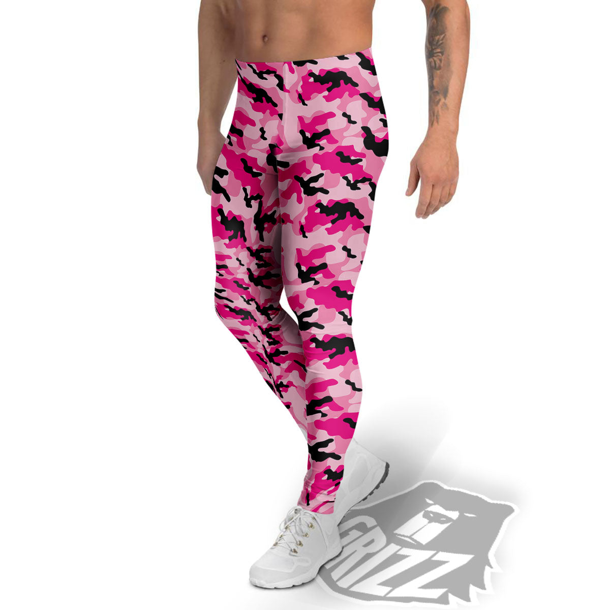 Camouflage Pink And Black Print Men's Leggings-grizzshop