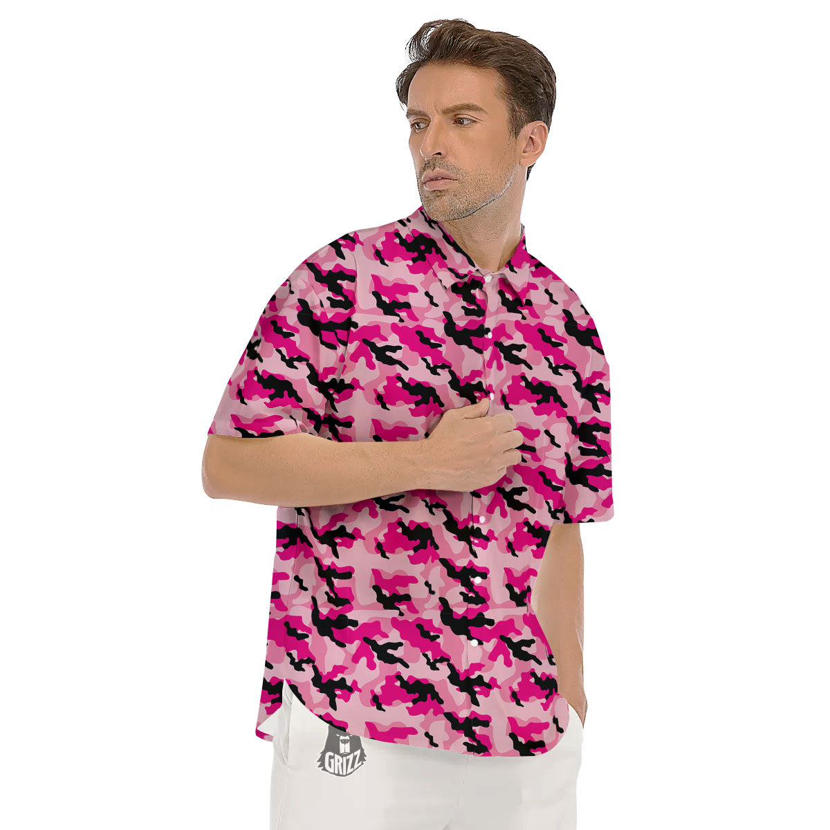 Camouflage Pink And Black Print Men's Short Sleeve Shirts-grizzshop