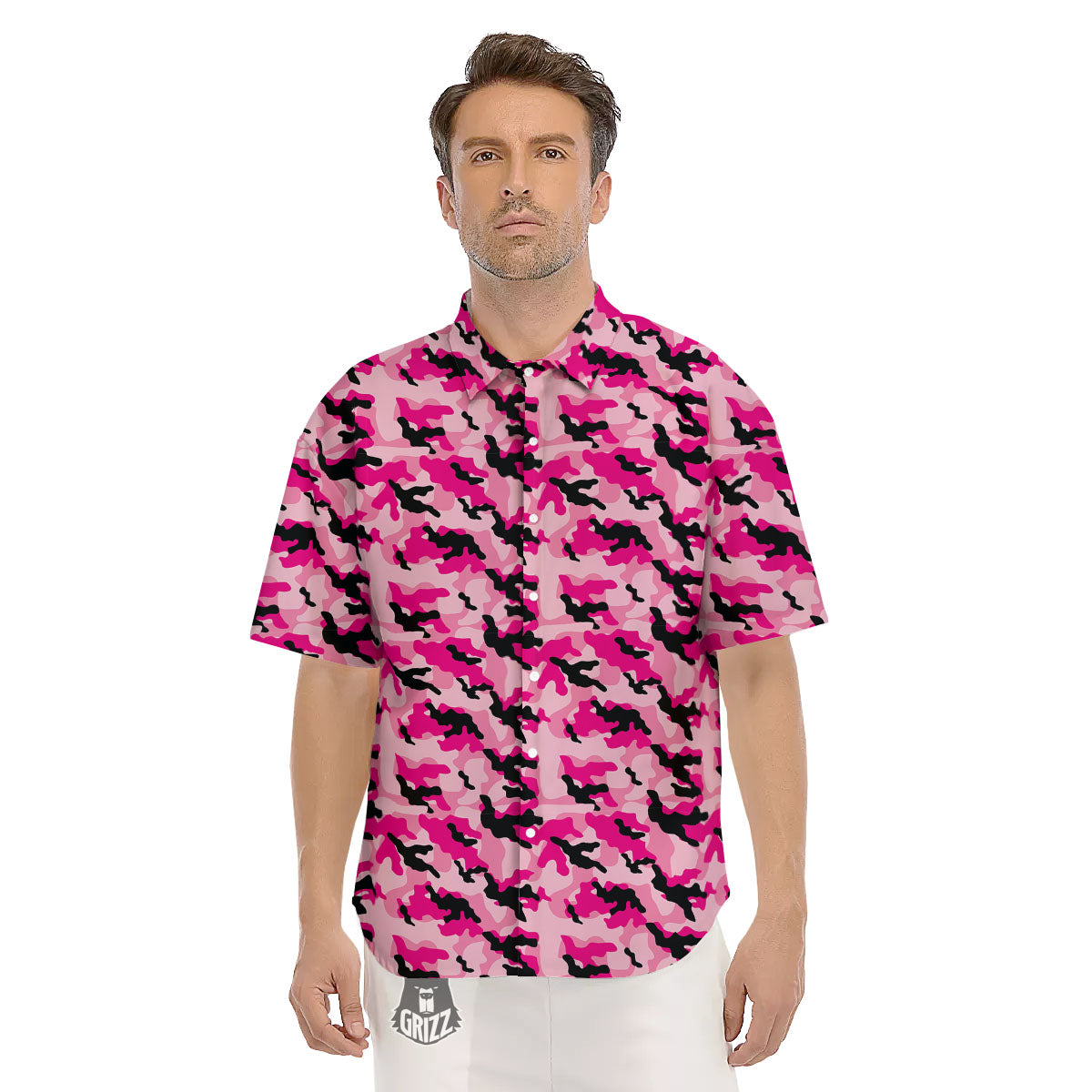 Camouflage Pink And Black Print Men's Short Sleeve Shirts-grizzshop