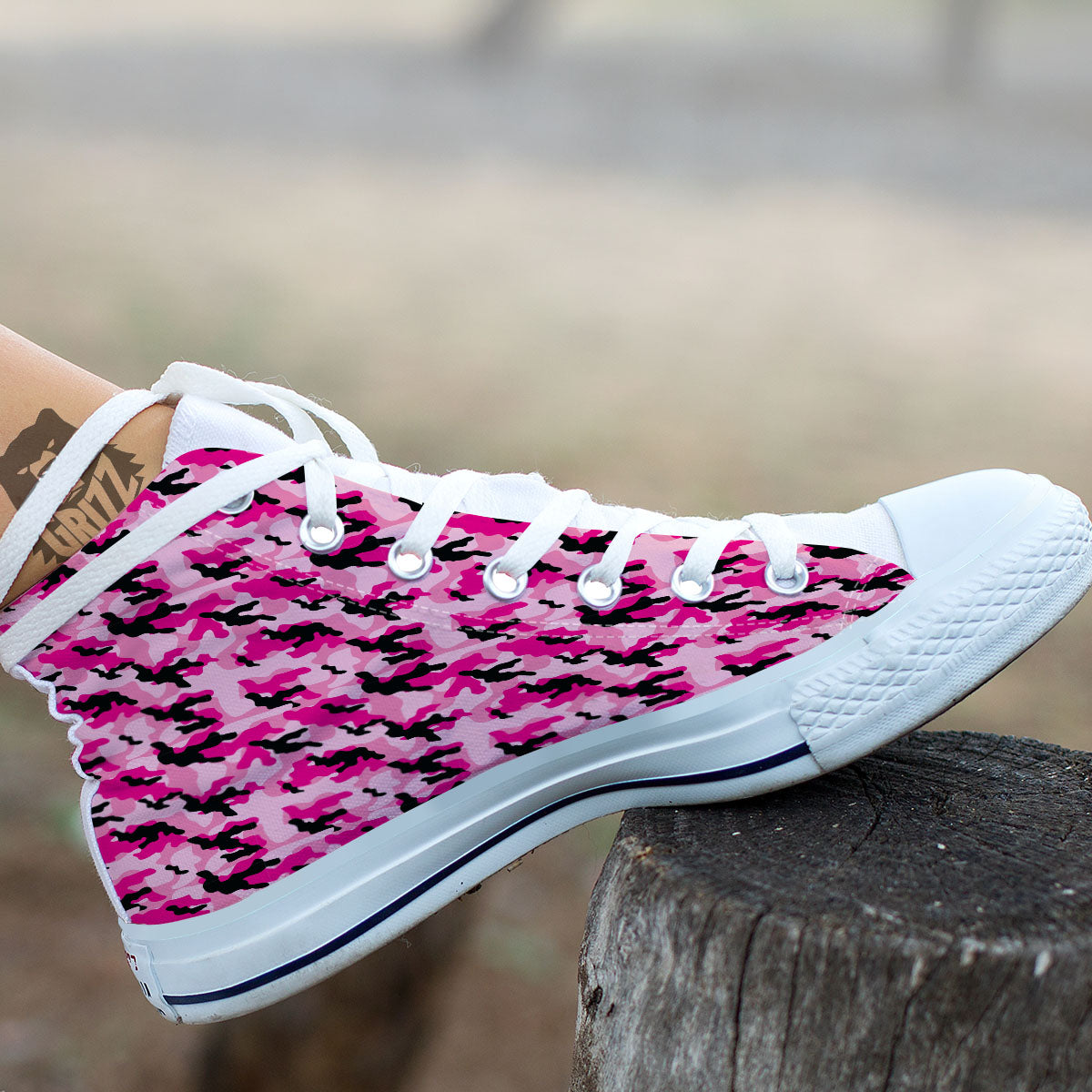 Camouflage Pink And Black Print White High Top Shoes-grizzshop