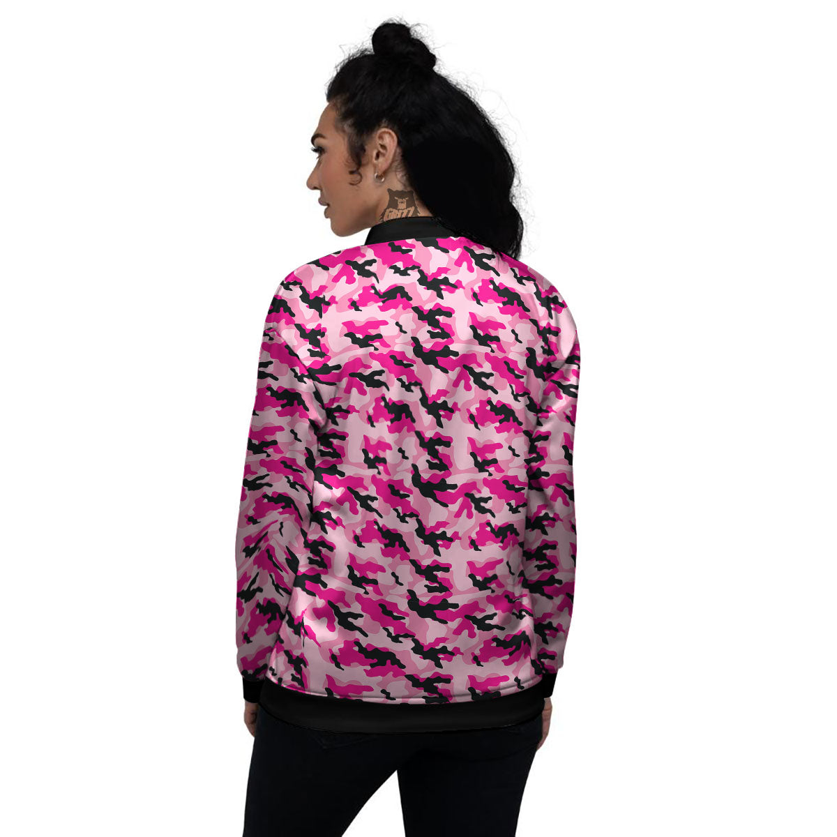 Camouflage Pink And Black Print Women's Bomber Jacket-grizzshop