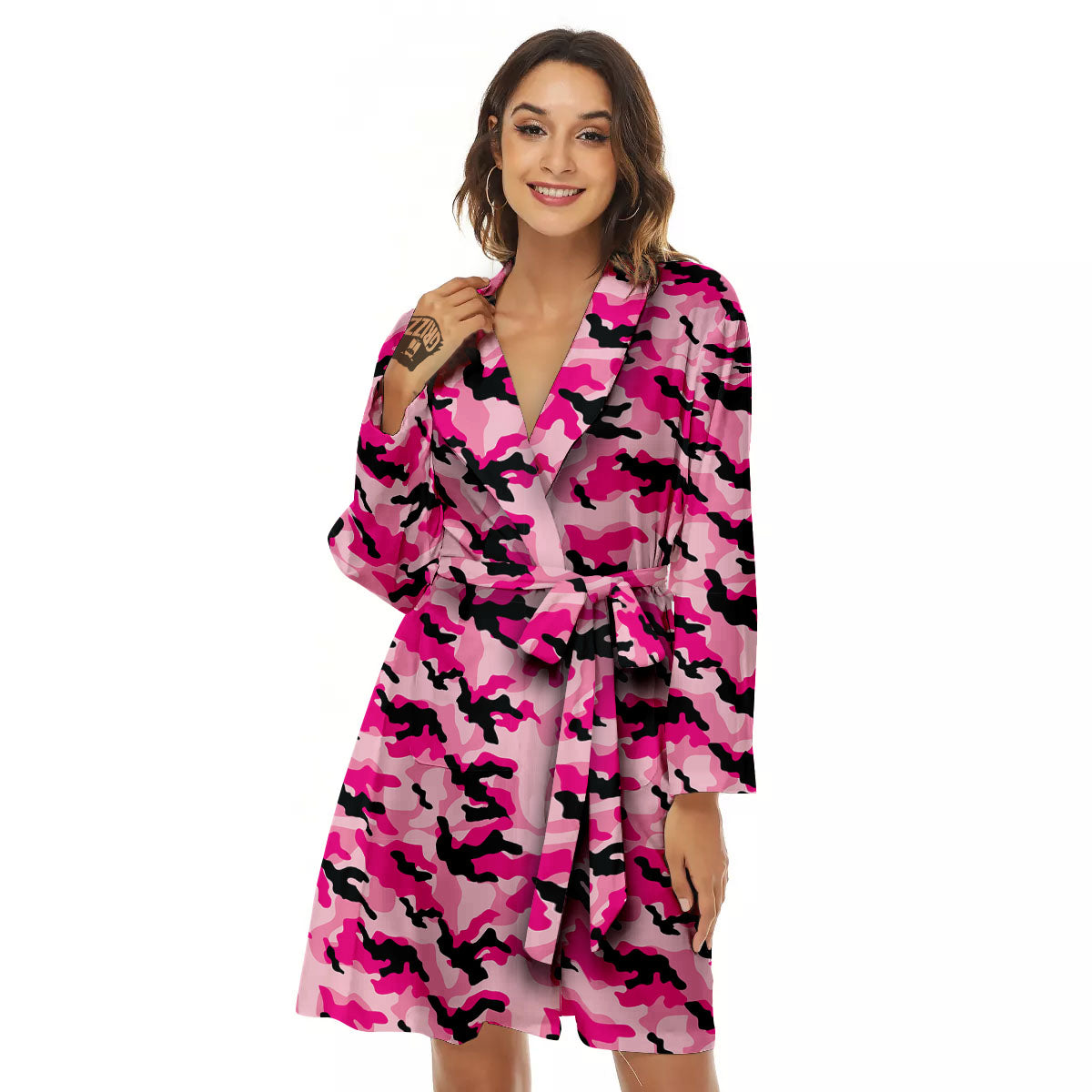 Camouflage Pink And Black Print Women's Robe-grizzshop