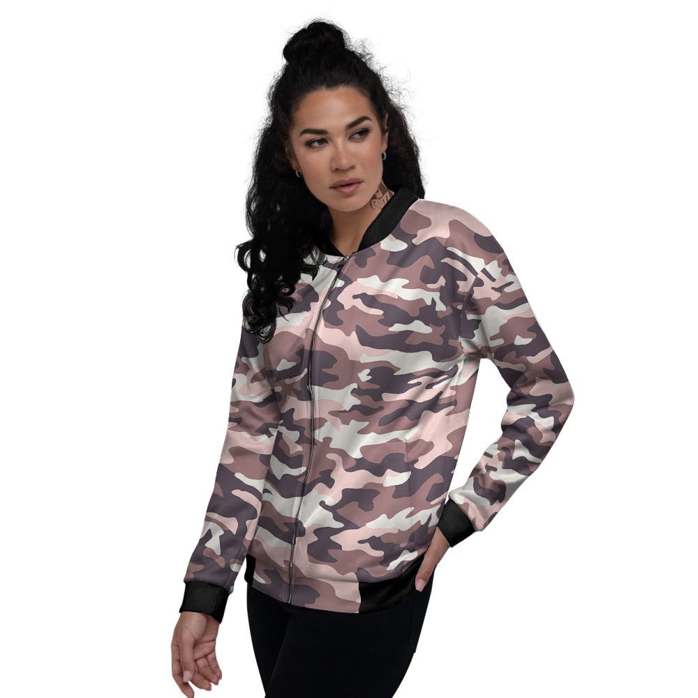 Camouflage Pink Brown Print Women's Bomber Jacket-grizzshop