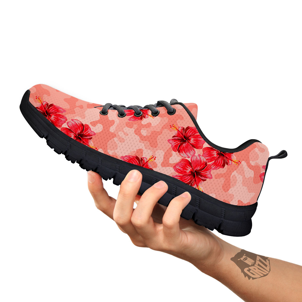 Camouflage Pink Hibiscus Flower Print Pattern Black Sneaker-grizzshop