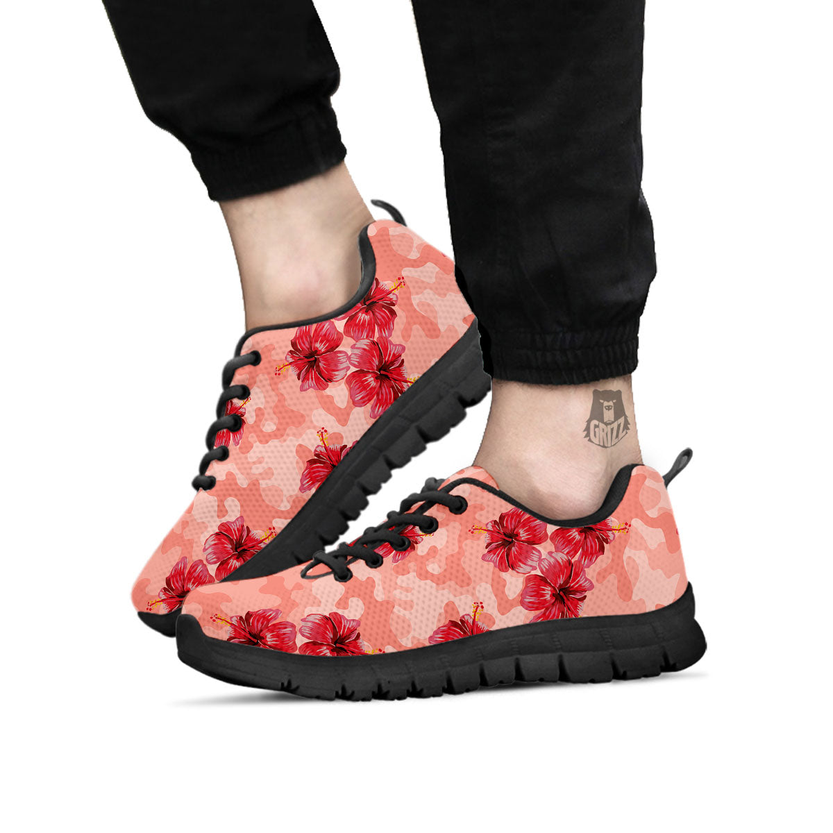 Camouflage Pink Hibiscus Flower Print Pattern Black Sneaker-grizzshop