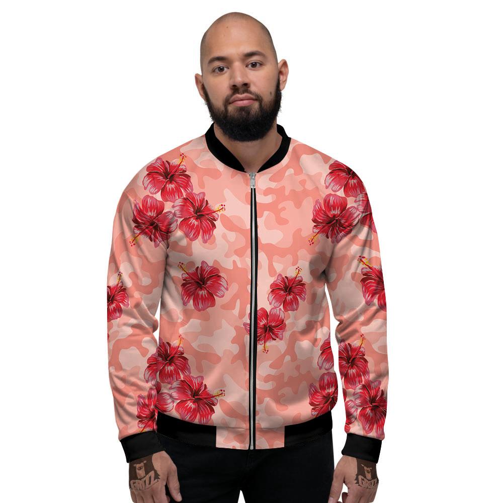 Camouflage Pink Hibiscus Flower Print Pattern Men's Bomber Jacket-grizzshop