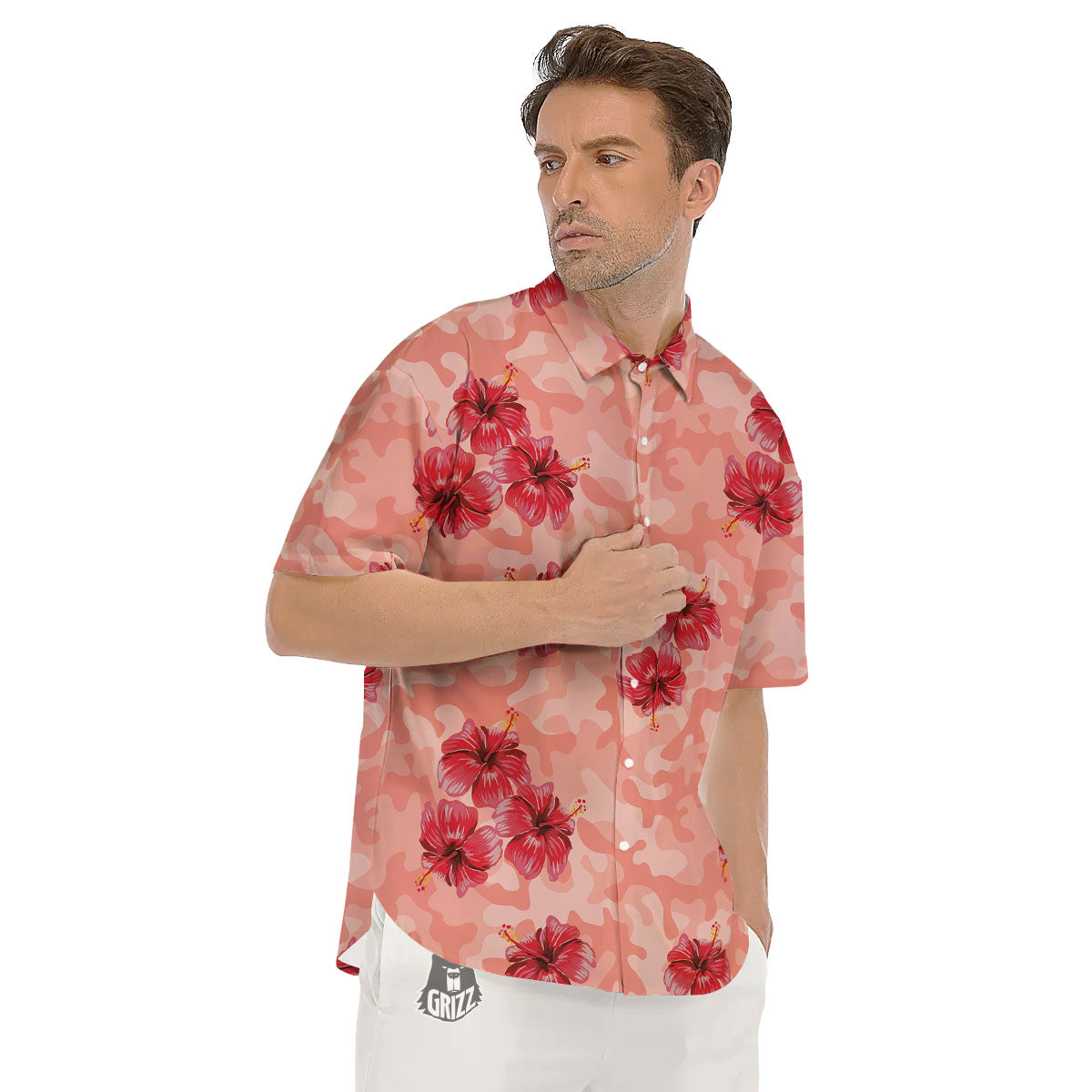 Camouflage Pink Hibiscus Flower Print Pattern Men's Short Sleeve Shirts-grizzshop