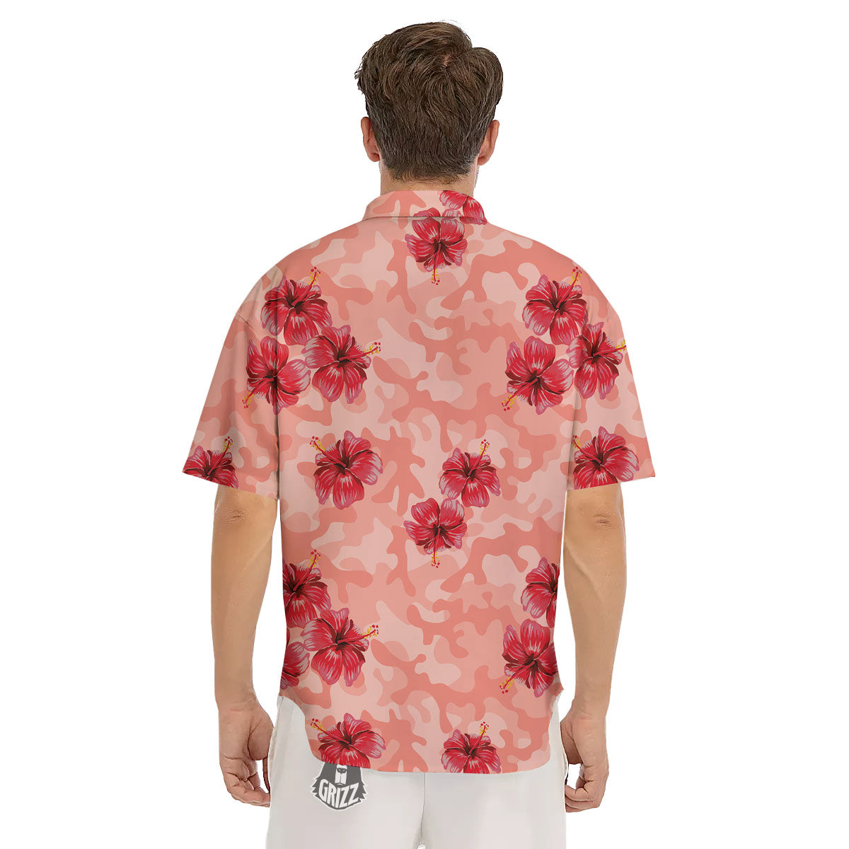 Camouflage Pink Hibiscus Flower Print Pattern Men's Short Sleeve Shirts-grizzshop