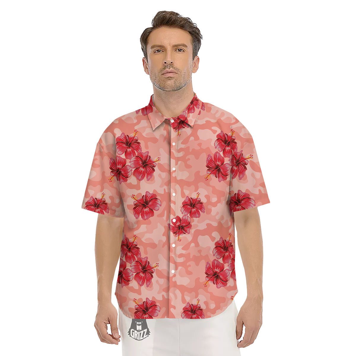 Camouflage Pink Hibiscus Flower Print Pattern Men's Short Sleeve Shirts-grizzshop