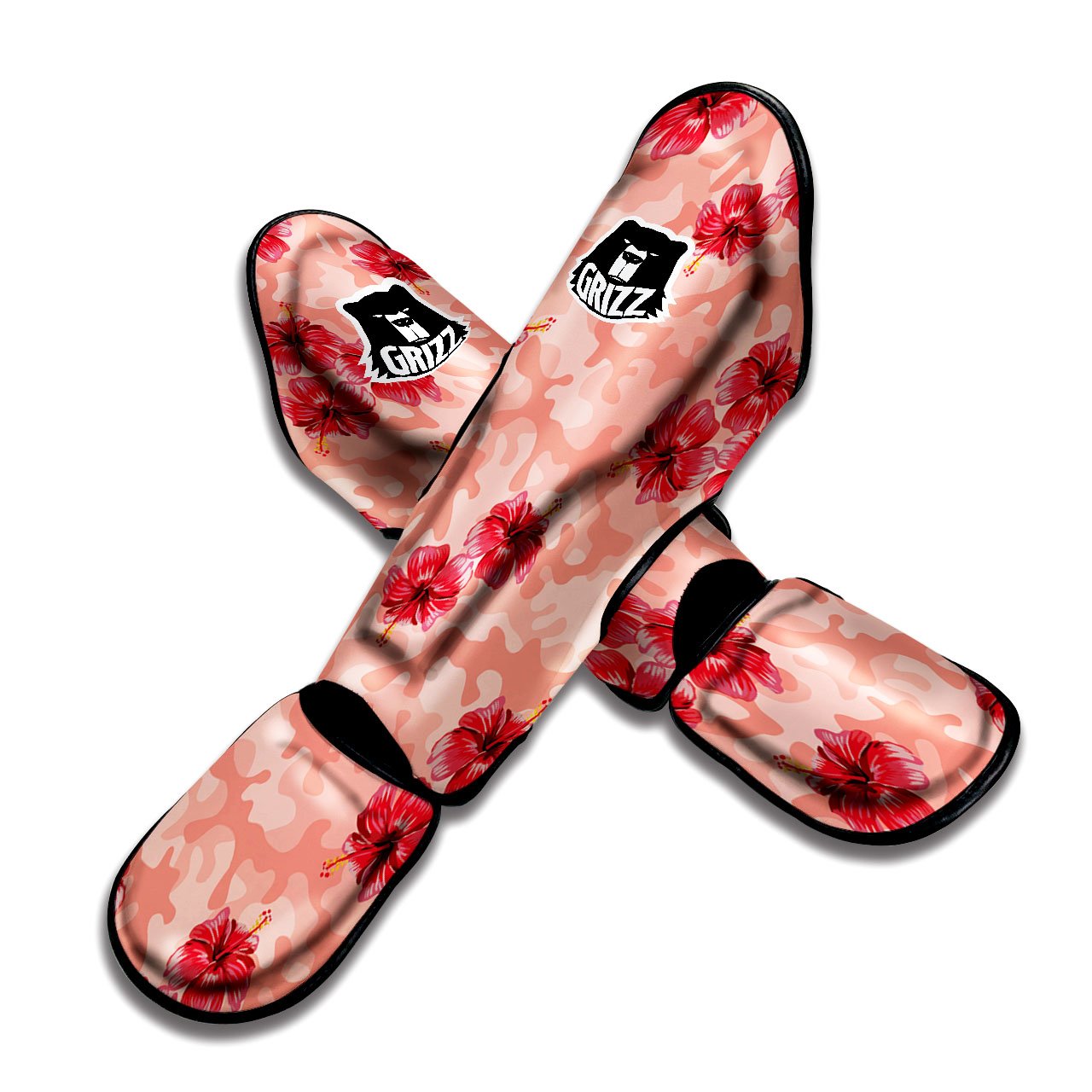 Camouflage Pink Hibiscus Flower Print Pattern Muay Thai Shin Guards-grizzshop