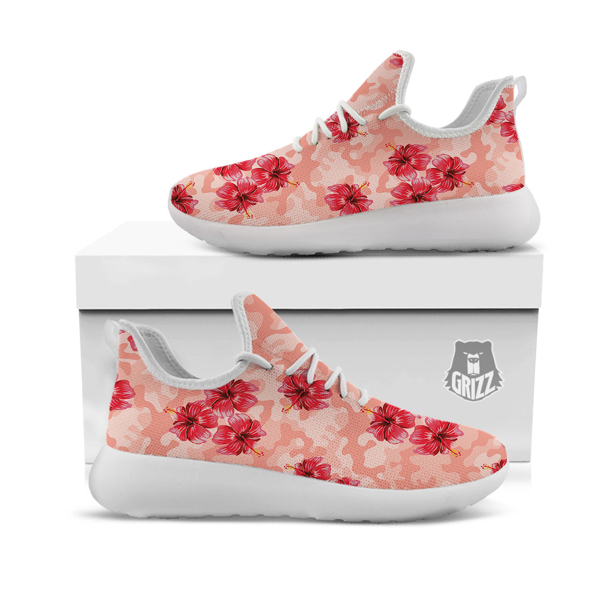 Camouflage Pink Hibiscus Flower Print Pattern White Athletic Shoes-grizzshop