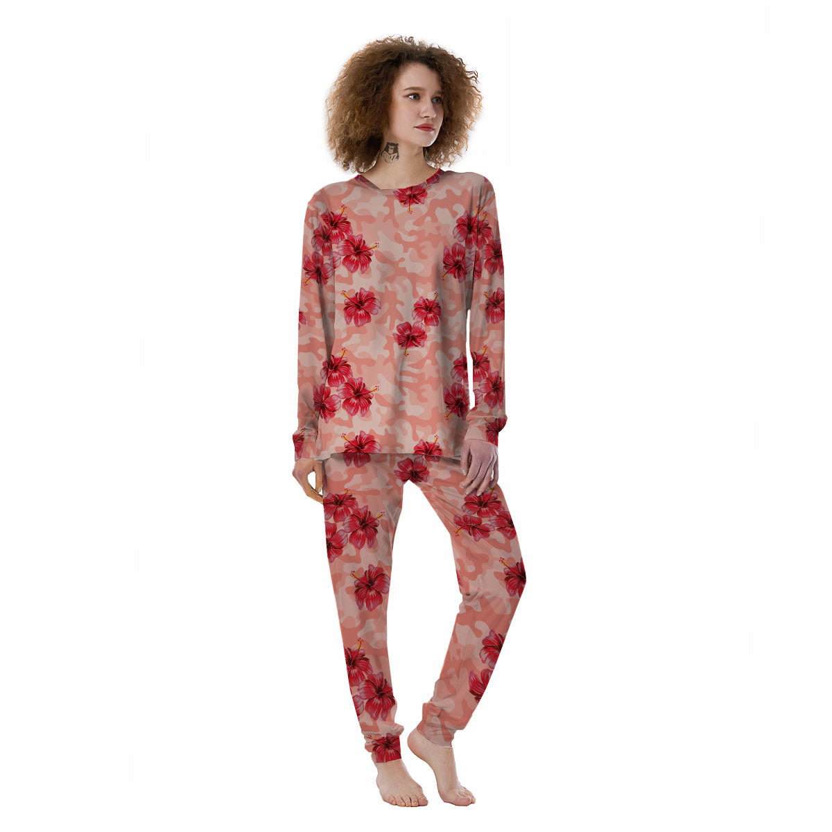 Camouflage Pink Hibiscus Flower Print Pattern Women's Pajamas-grizzshop