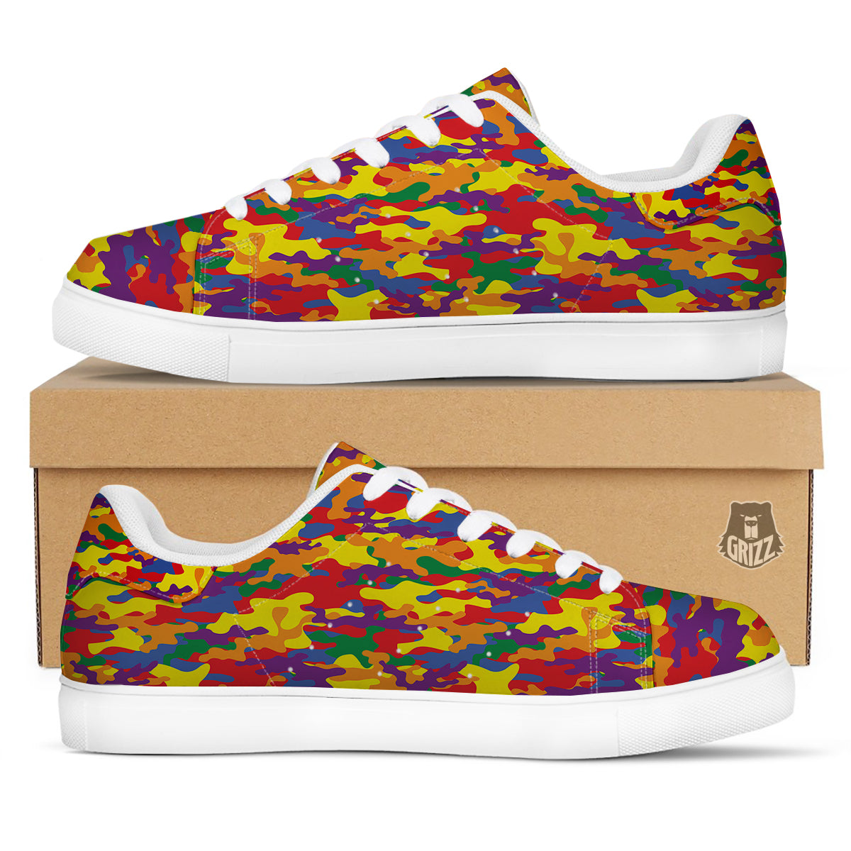Camouflage Rainbow Print White Low Top Sneakers-grizzshop